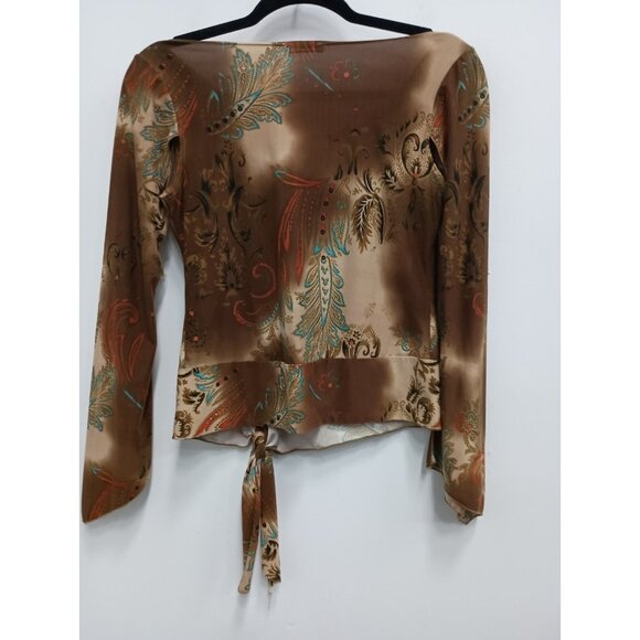Vintage 90s Unix Womens Crop Top Large Brown Paisley Flared Sleeve BOHO Fairy - Picture 9 of 10
